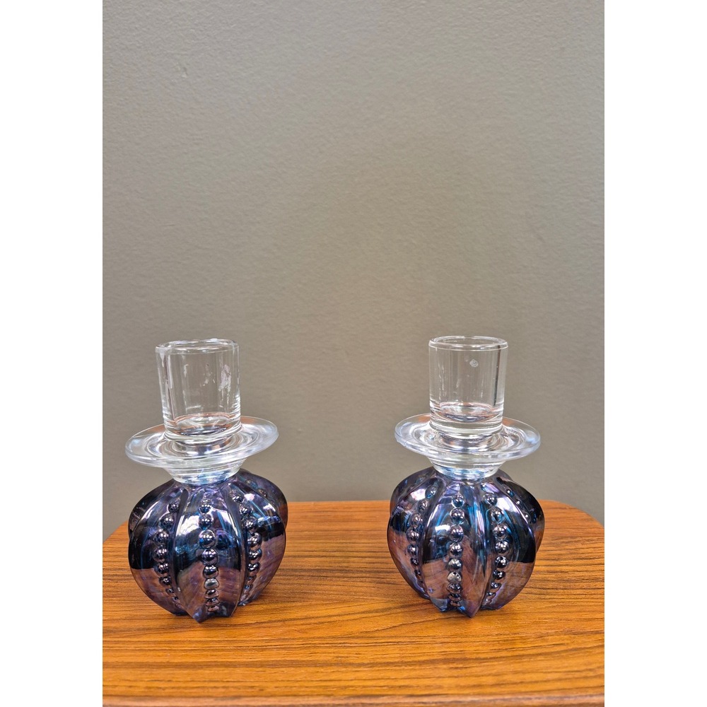 Vintage Amethyst Purple Art Glass Taper Candle Holders Set of 2 MCM Optic Bubble